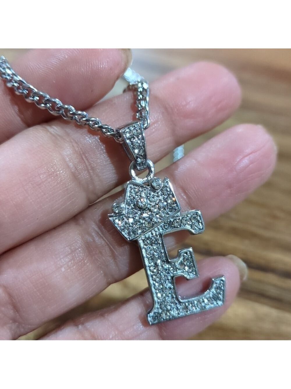 NewCrowned Silver Rhinestones "E" Letter Pendant In a 21" Stainless Steel Chain